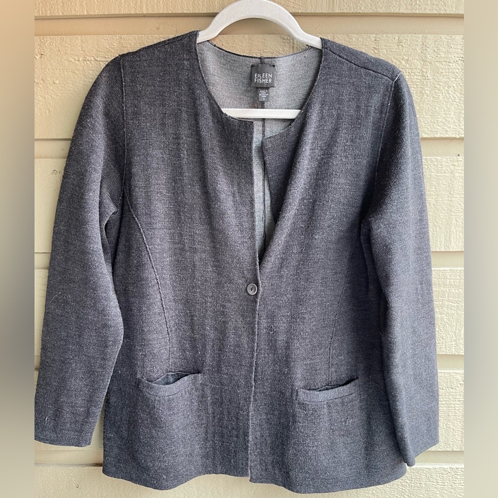Eileen Fisher Dark Gray Merino Wool Long Sleeve Sweater Cardigan Jacket Sz Small